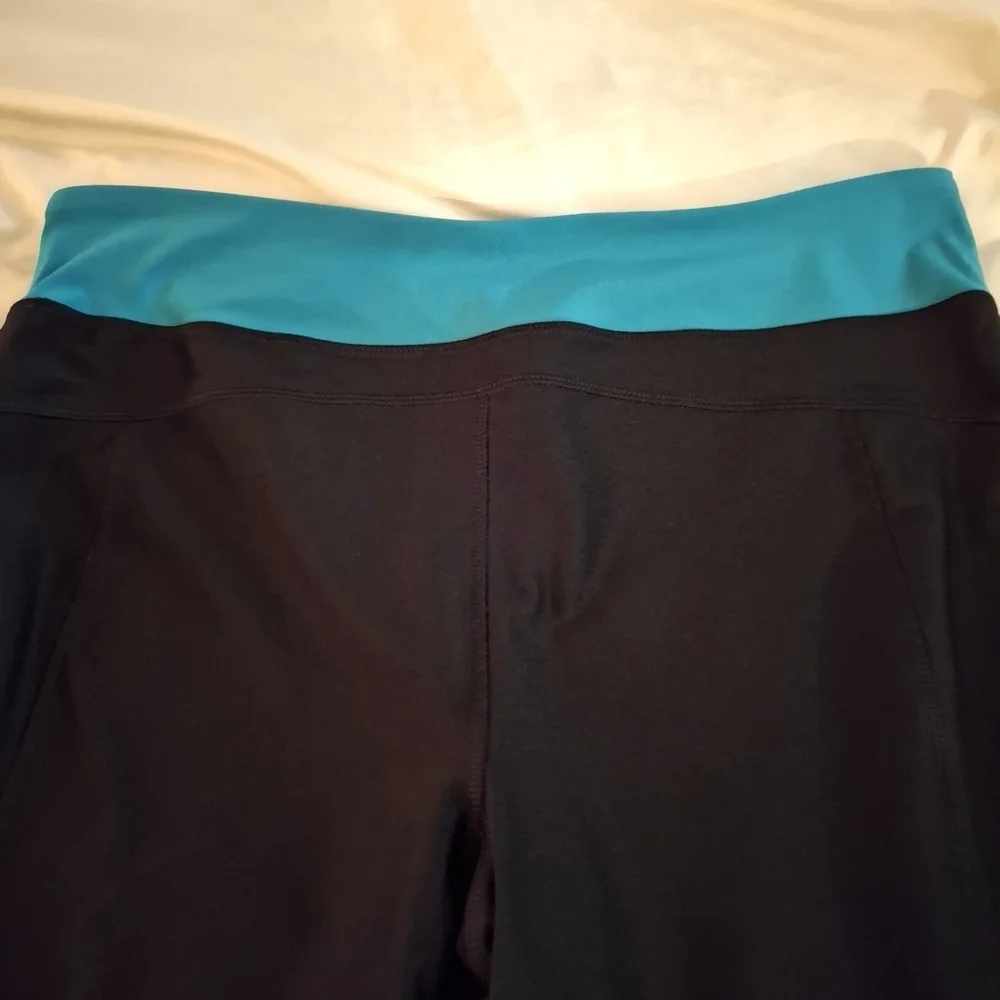 Avia Women's Black Cropped Leggings with Blue Wide Waistband